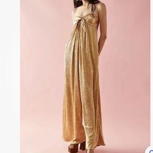 Free People Olivia Gold Metallic Front Bow Strapless Pleated Jumpsuit No Size